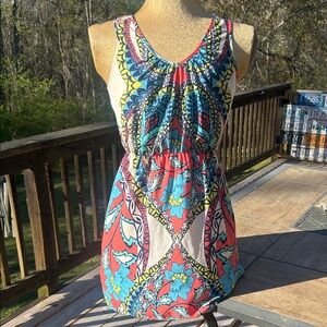 Pink Owl Coral Blue Yellow Floral Print Mini Dress